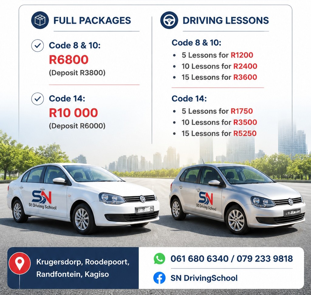 SN Driving School packages and lesson prices poster